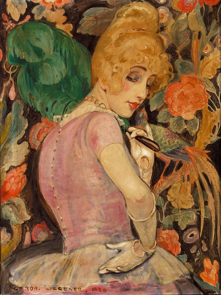 Lili Elbe - Ritratto di Lili Elbe con ventaglio di piume verdi, 1920, da Gerda Wegner